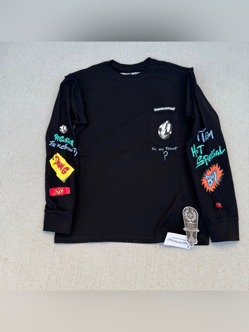 Chrome Hearts Black Long-Sleeve Graphic Pocket Tee with Multicolor Sleeve Art
